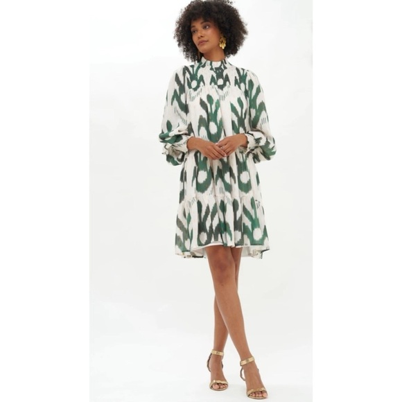 Oliphant Smocked Neck Mini Dress in Chitka Forest Green Cream  Balloon Sleeve - Picture 1 of 12